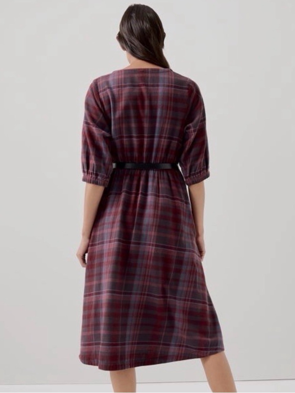 Pact Fireside Flannel Crossover Faux Wrap Midi Dress in Burgundy Size XS - Picture 3 of 12